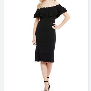Eliza J Black Off-Shoulder ruffle knit black sheath bodycon dress size Small
